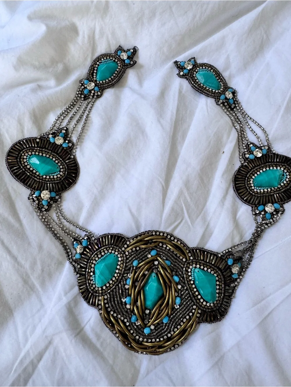 Turquoise leather Bibb statement necklace
